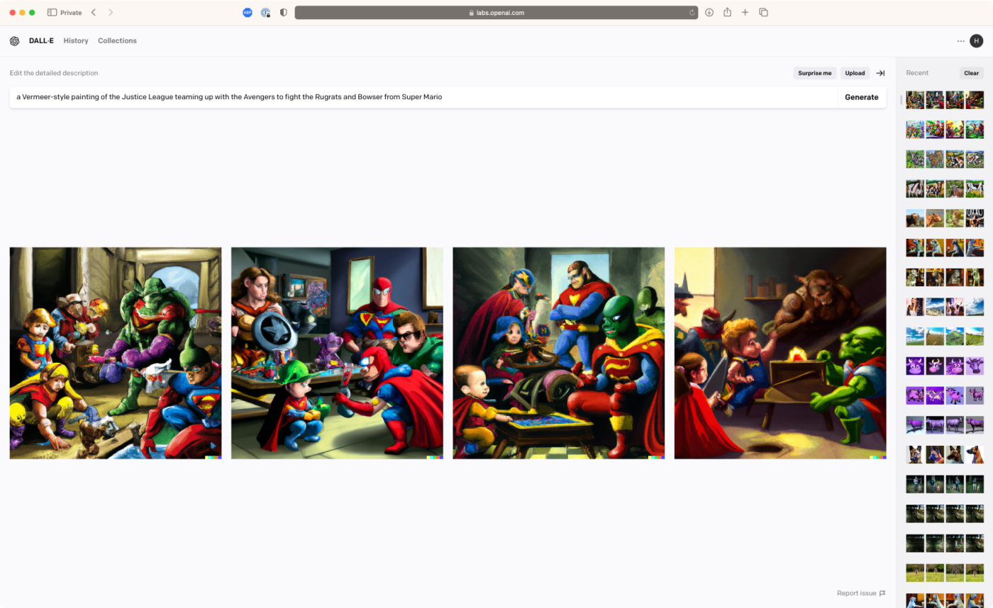 DALL-E 2 results for " "A Vermeer-style painting of the Justice League teaming up with the Avengers to fight the Rugrats and Bowser from Super Mario"